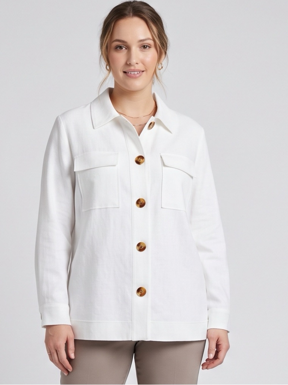 Women's White Button-Front Shacket with Patch Pockets